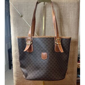 CELINE Vintage Triomphe Macadam Small Tote Shoulder Bag, PVC & Leather